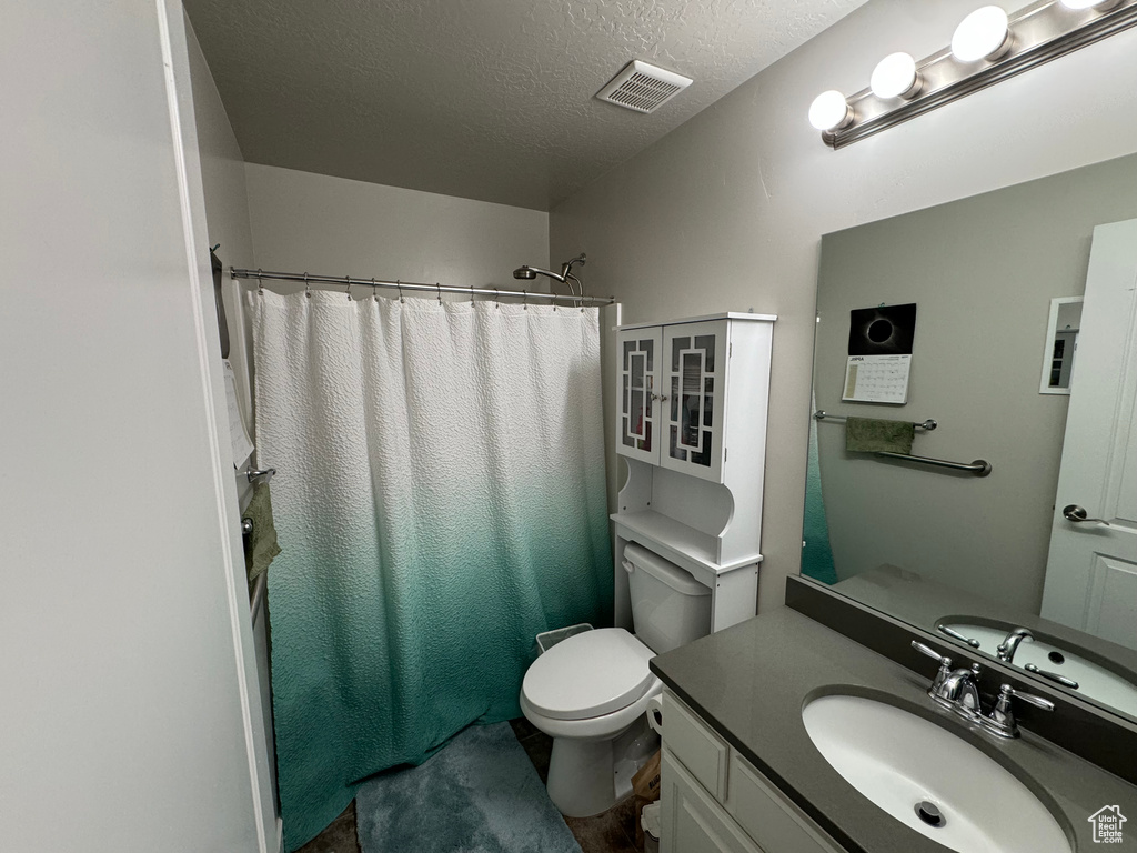 Bathroom with toilet, vanity, and a textured ceiling