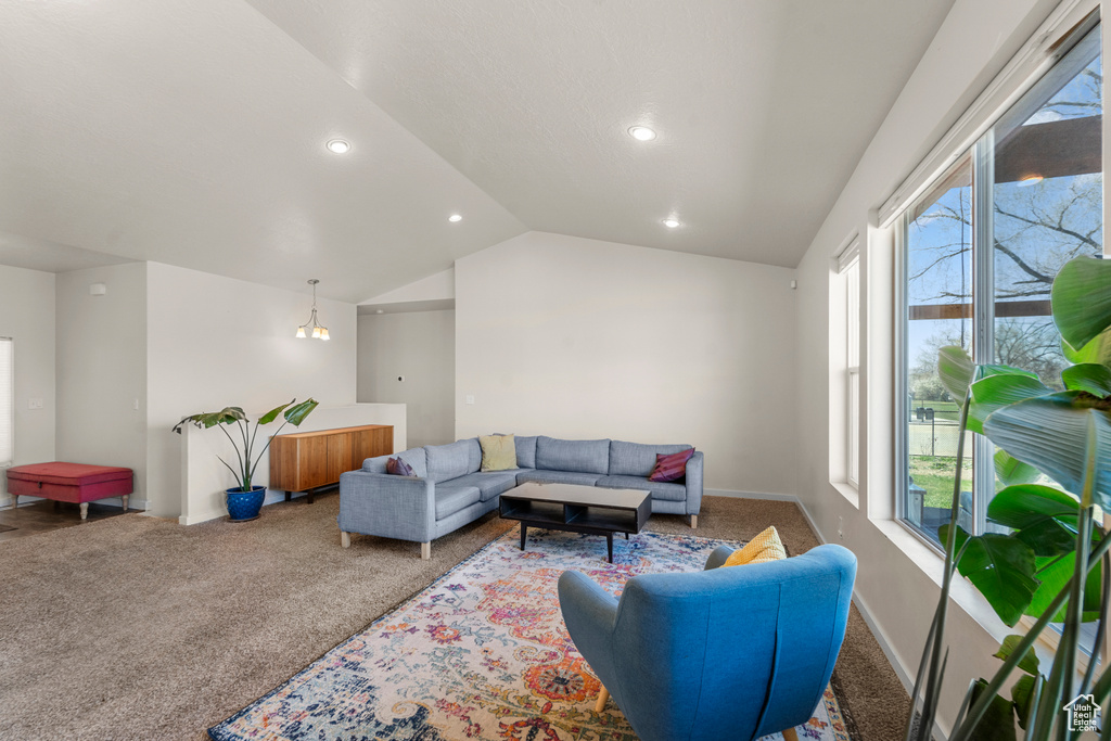 Living room featuring carpet floors, a healthy amount of sunlight, lofted ceiling, and radiator heating unit