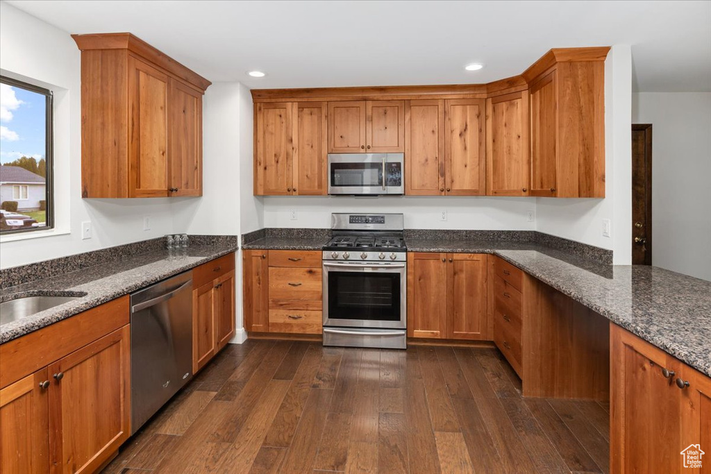 Kitchen with dark stone countertops, dark hardwood / wood-style floors, and stainless steel appliances