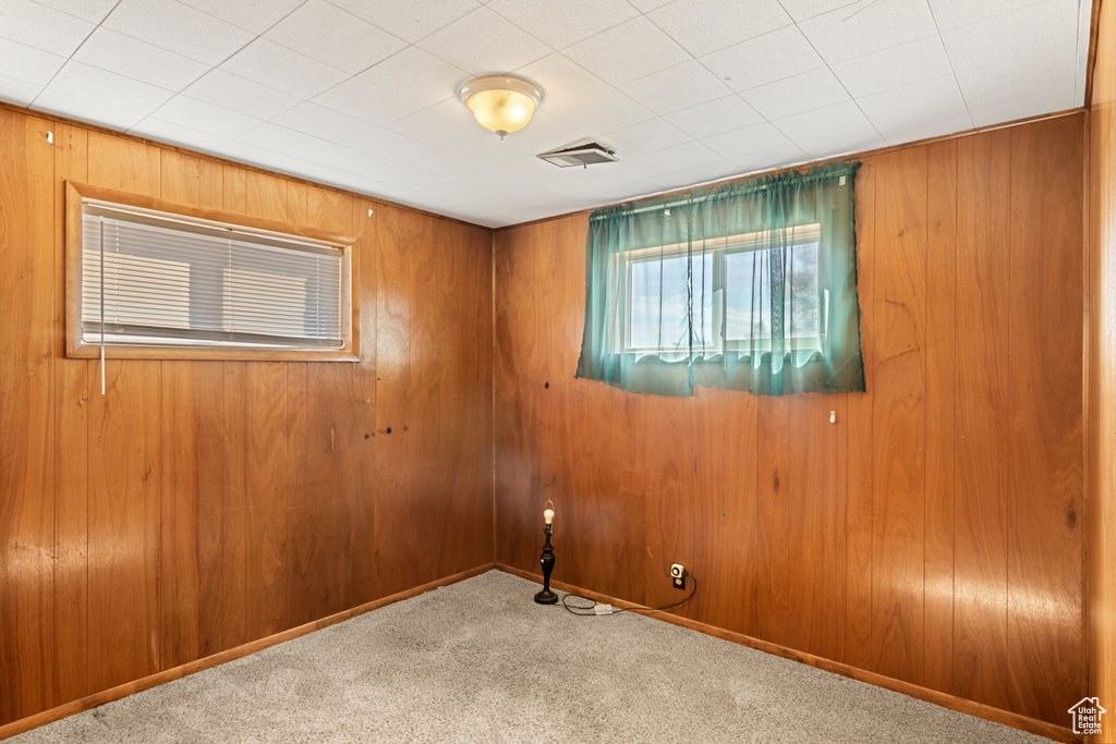 Carpeted spare room with wooden walls