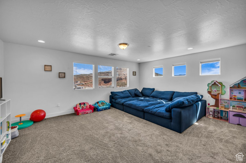 Playroom featuring carpet flooring and a textured ceiling