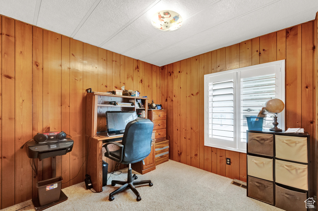 Office area featuring wood walls and carpet floors