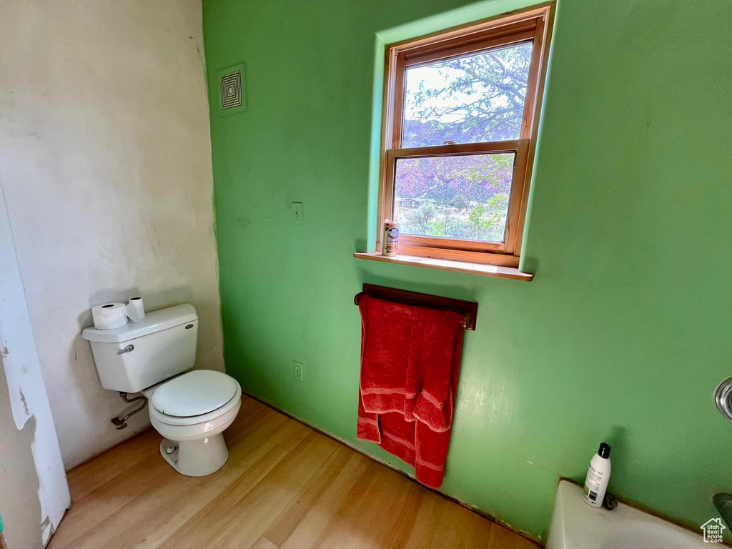 Bathroom featuring a healthy amount of sunlight, wood-type flooring, and toilet