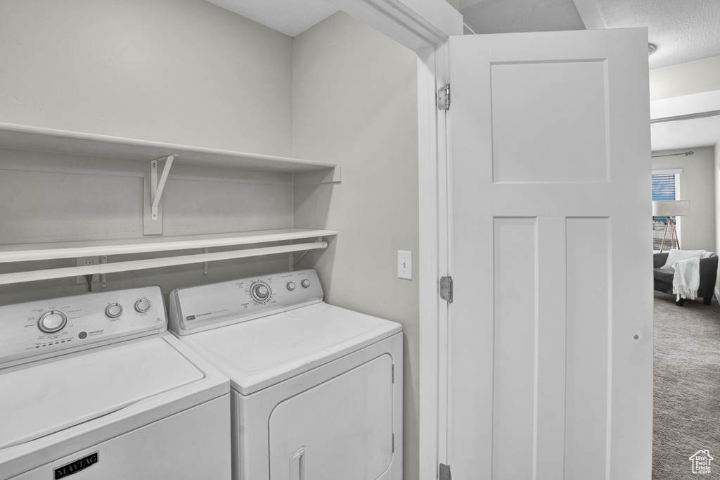 Washroom featuring carpet floors and washer and dryer