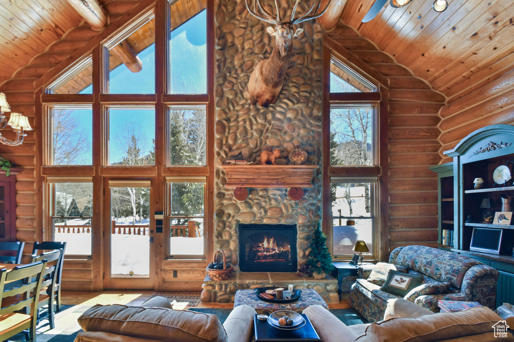 Living room featuring wood ceiling, rustic walls, a fireplace, high vaulted ceiling, and hardwood / wood-style flooring