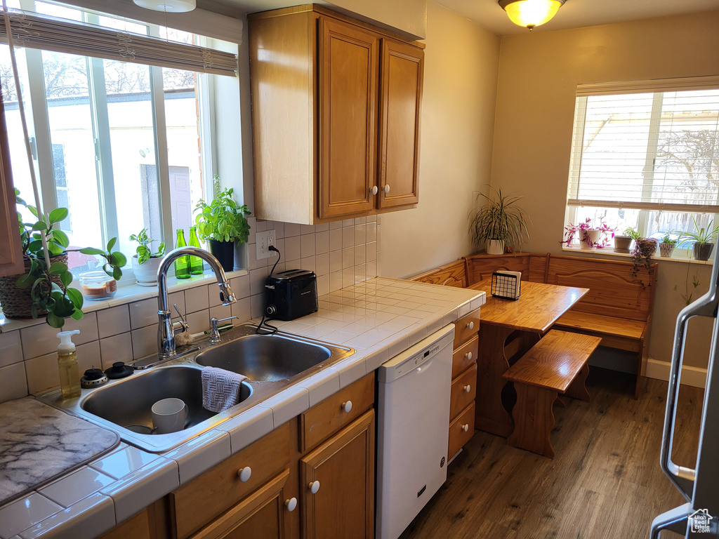 Kitchen featuring tasteful backsplash, dishwasher, dark hardwood / wood-style flooring, sink, and tile counters