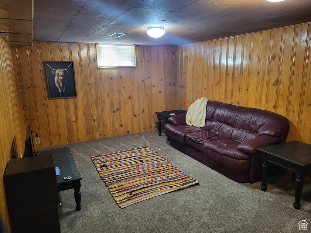 Carpeted living room with wood walls