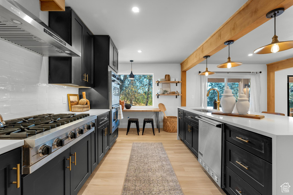 Kitchen featuring hanging light fixtures, backsplash, light hardwood / wood-style floors, sink, and wall chimney exhaust hood