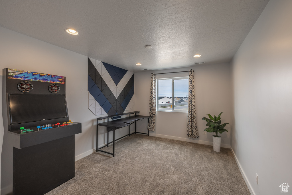 Recreation room with light carpet and a textured ceiling