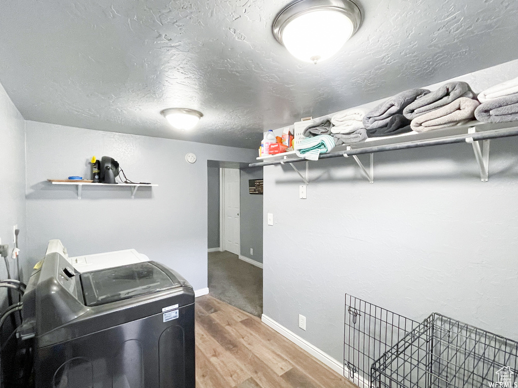 Laundry area with washer and clothes dryer and light wood-type flooring