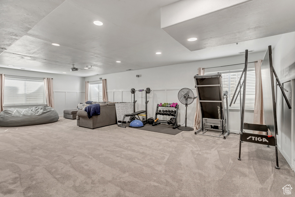 Exercise area with light carpet