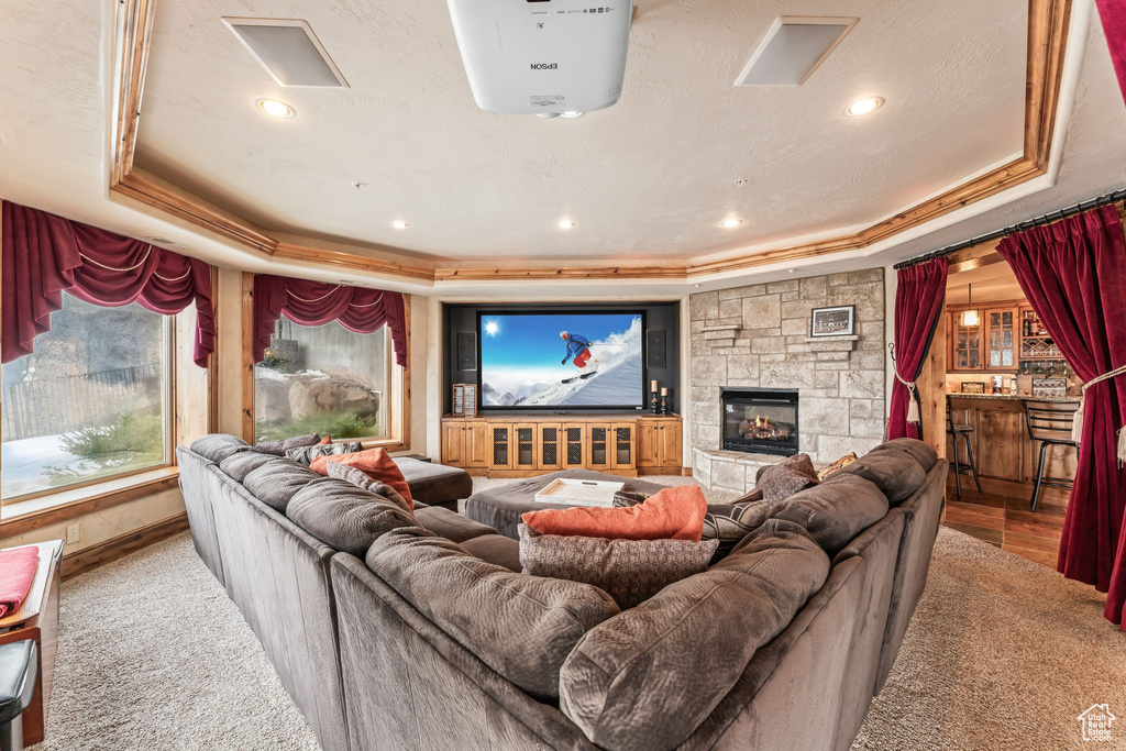 Cinema featuring a raised ceiling, a stone fireplace, and hardwood / wood-style flooring