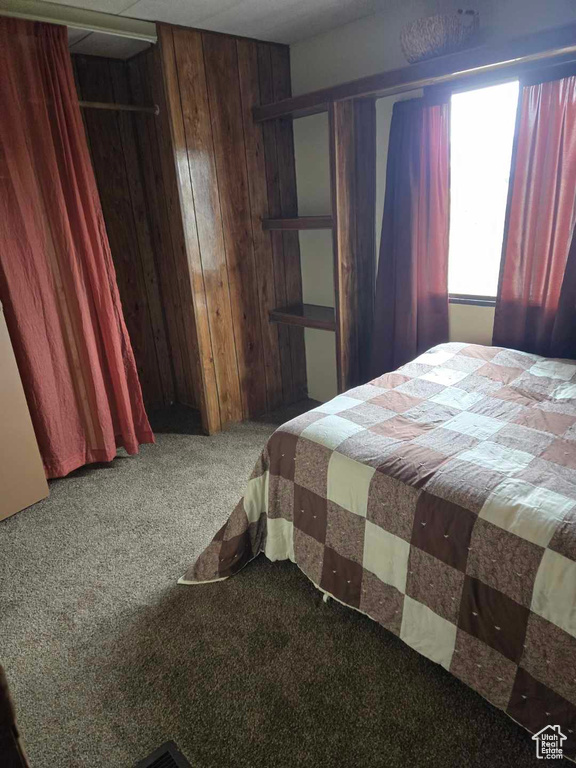 Bedroom with carpet floors, wood walls, and a closet