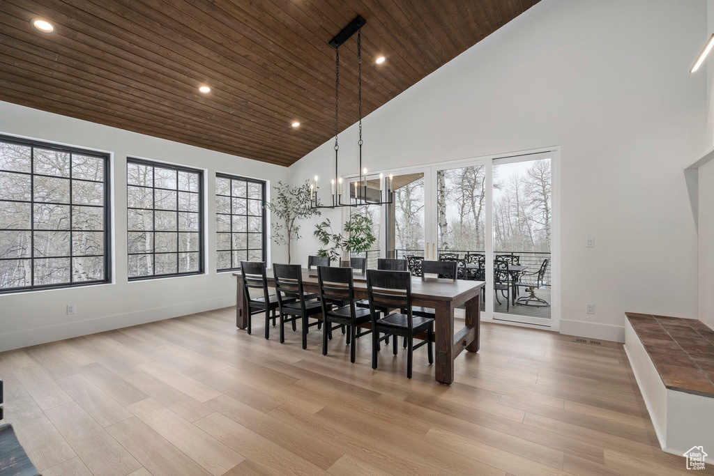 Dining area with a chandelier, light hardwood / wood-style floors, high vaulted ceiling, and wooden ceiling