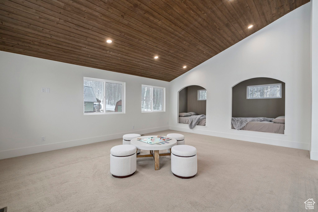 Living area featuring wood ceiling, light carpet, and vaulted ceiling
