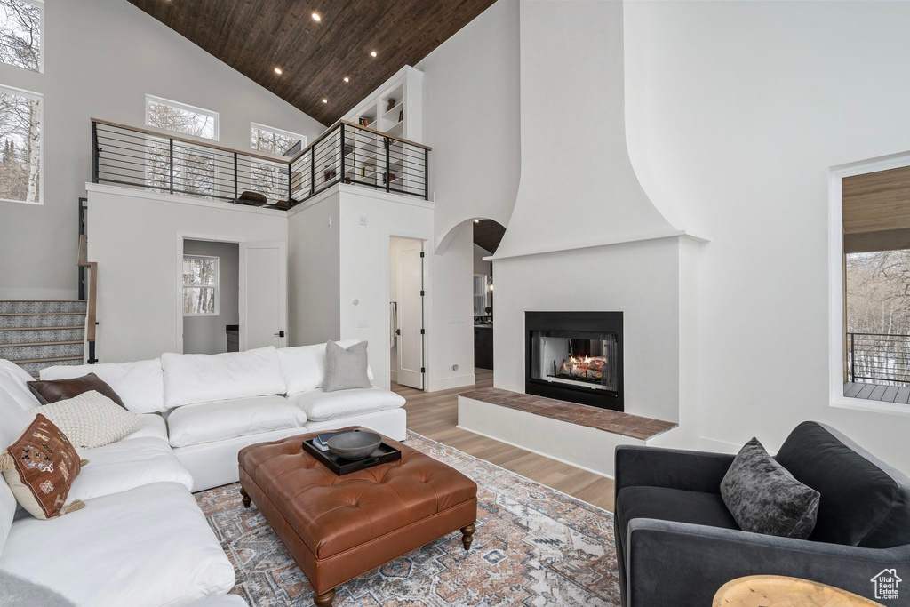 Living room featuring a wealth of natural light, light hardwood / wood-style floors, high vaulted ceiling, and a fireplace