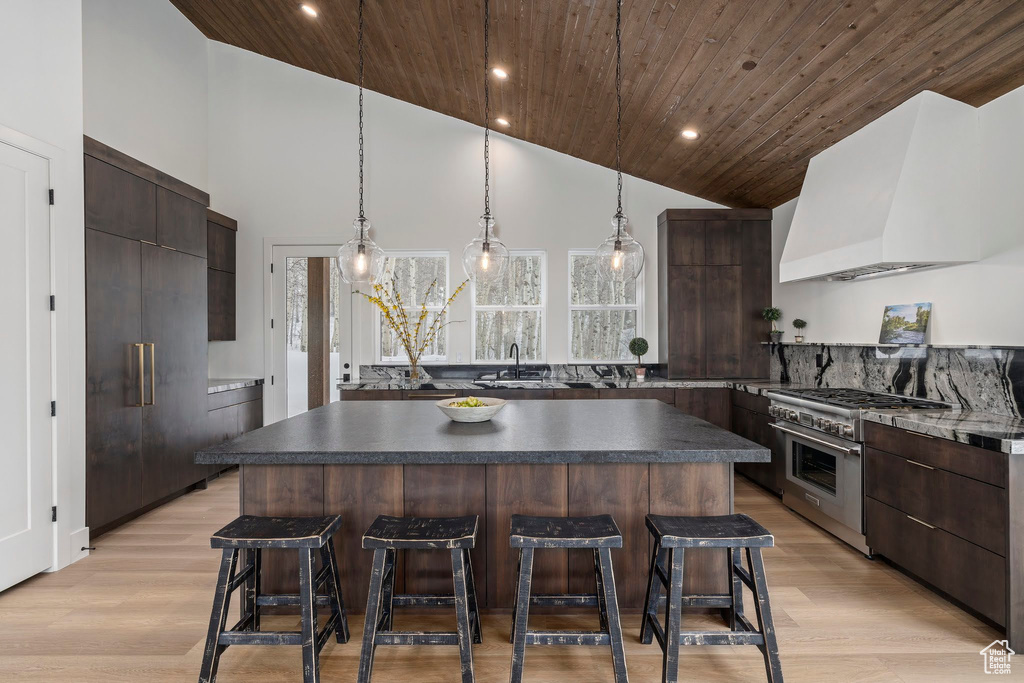 Kitchen with a kitchen island, light hardwood / wood-style flooring, custom exhaust hood, and high end range