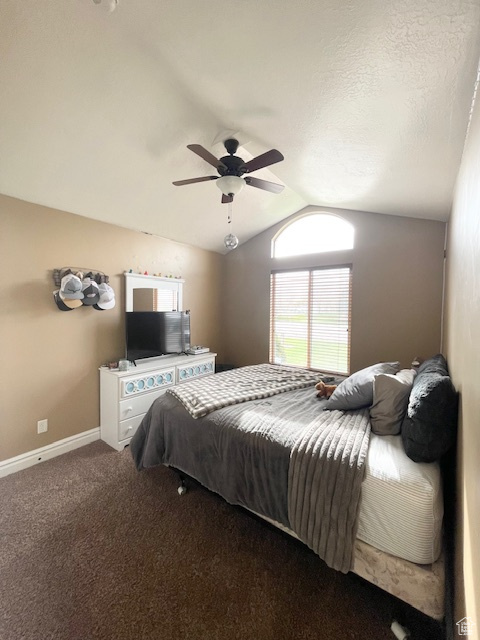 Bedroom featuring ceiling fan, carpet, and vaulted ceiling