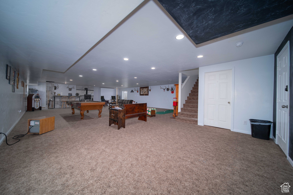 Rec room featuring carpet floors and billiards