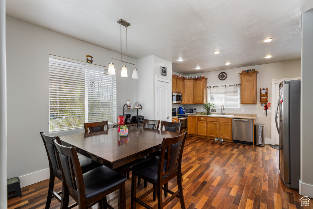 Dining area with a healthy amount of sunlight, dark hardwood / wood-style floors, and sink
