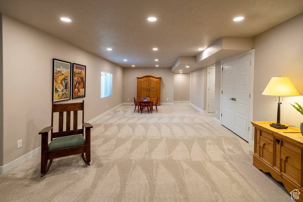 Living area with light colored carpet
