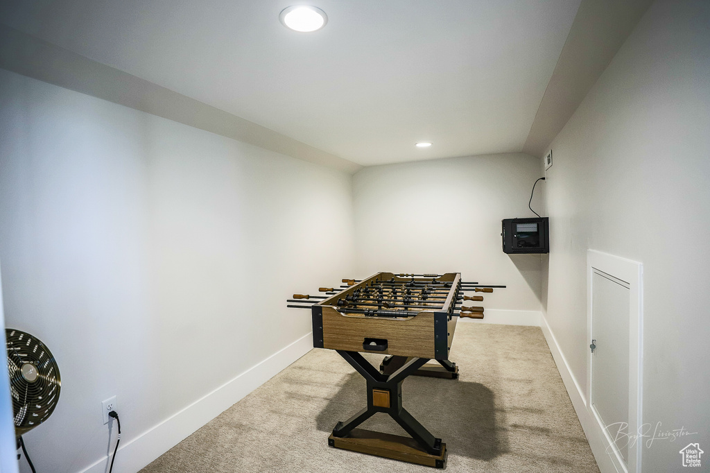 Game room with light colored carpet