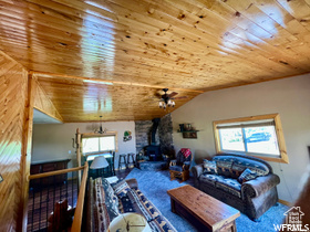 Living room featuring carpet floors, plenty of natural light, a wood stove, and wood ceiling