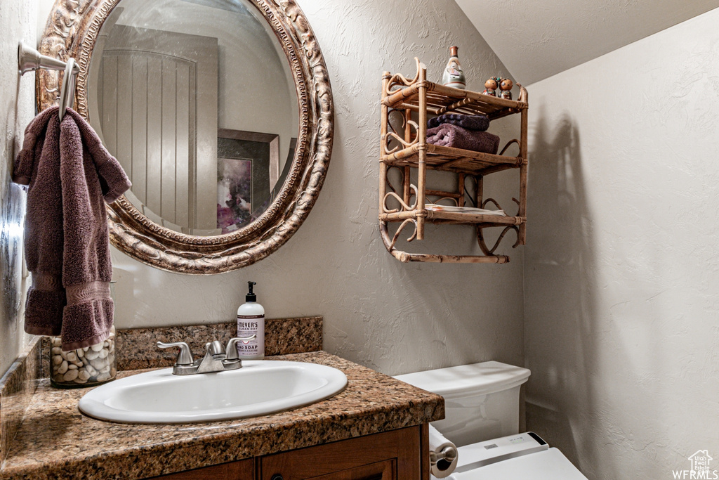 Bathroom featuring vanity, vaulted ceiling, and toilet