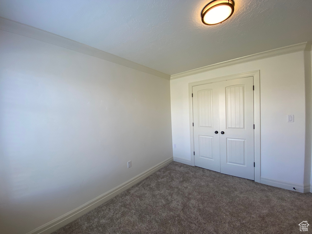 Unfurnished bedroom with crown molding, a closet, and dark carpet