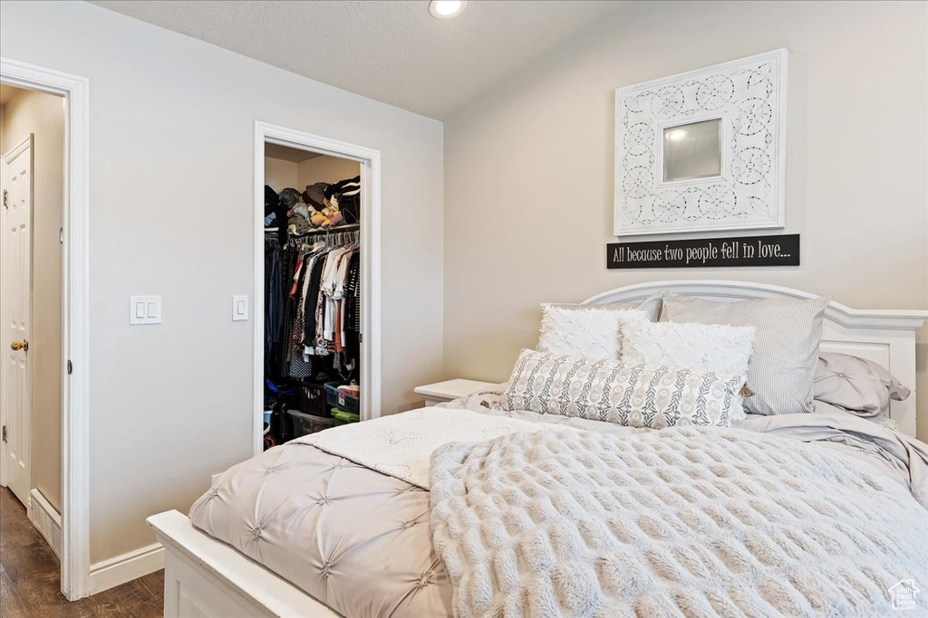 Bedroom featuring a closet, a spacious closet, and dark hardwood / wood-style flooring