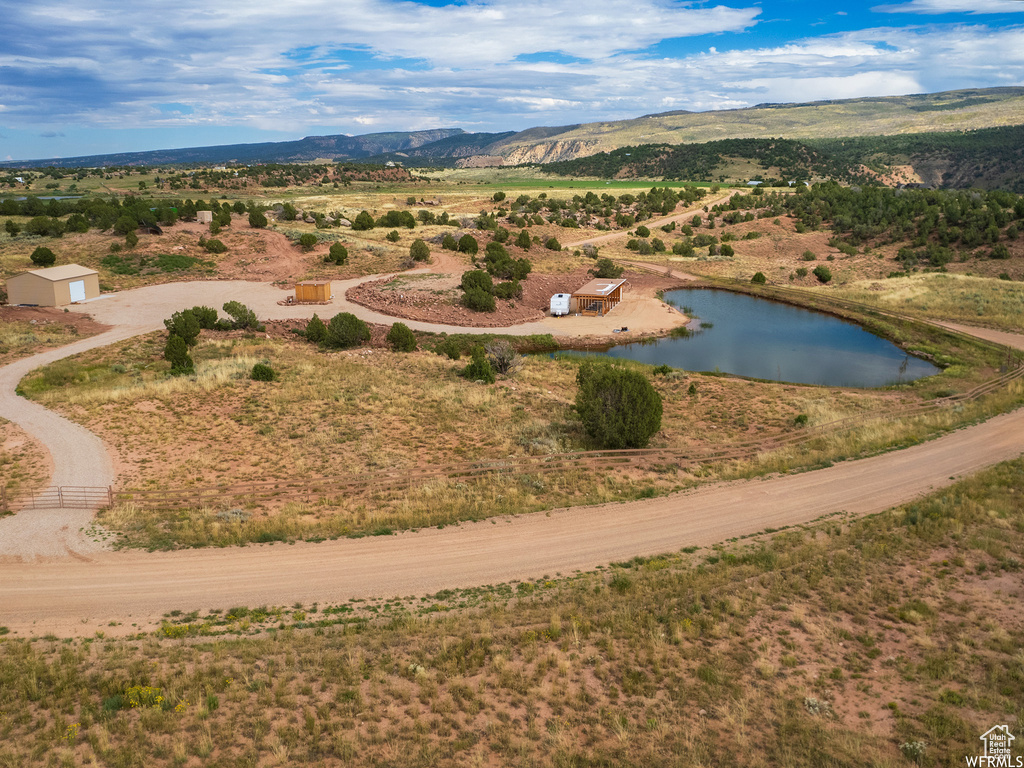 Aerial view with a water and mountain view