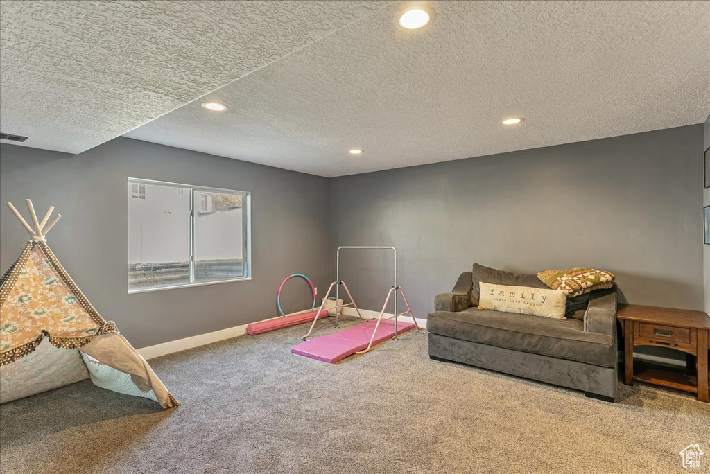 Playroom with carpet flooring and a textured ceiling