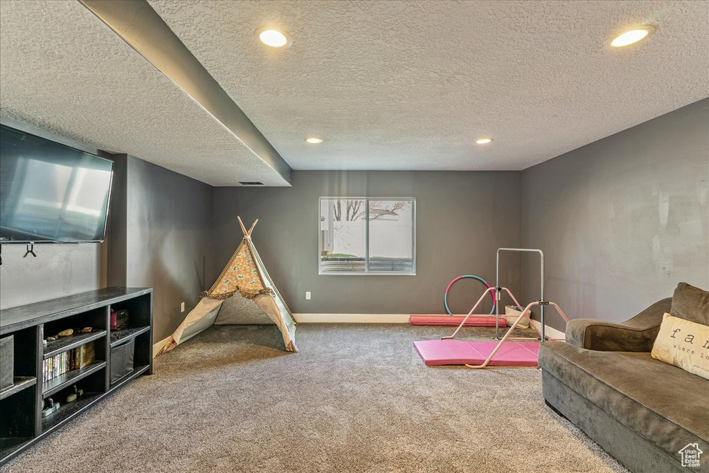 Rec room featuring carpet floors and a textured ceiling