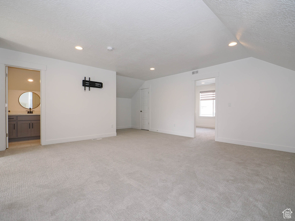 Additional living space with lofted ceiling, a textured ceiling, and light colored carpet