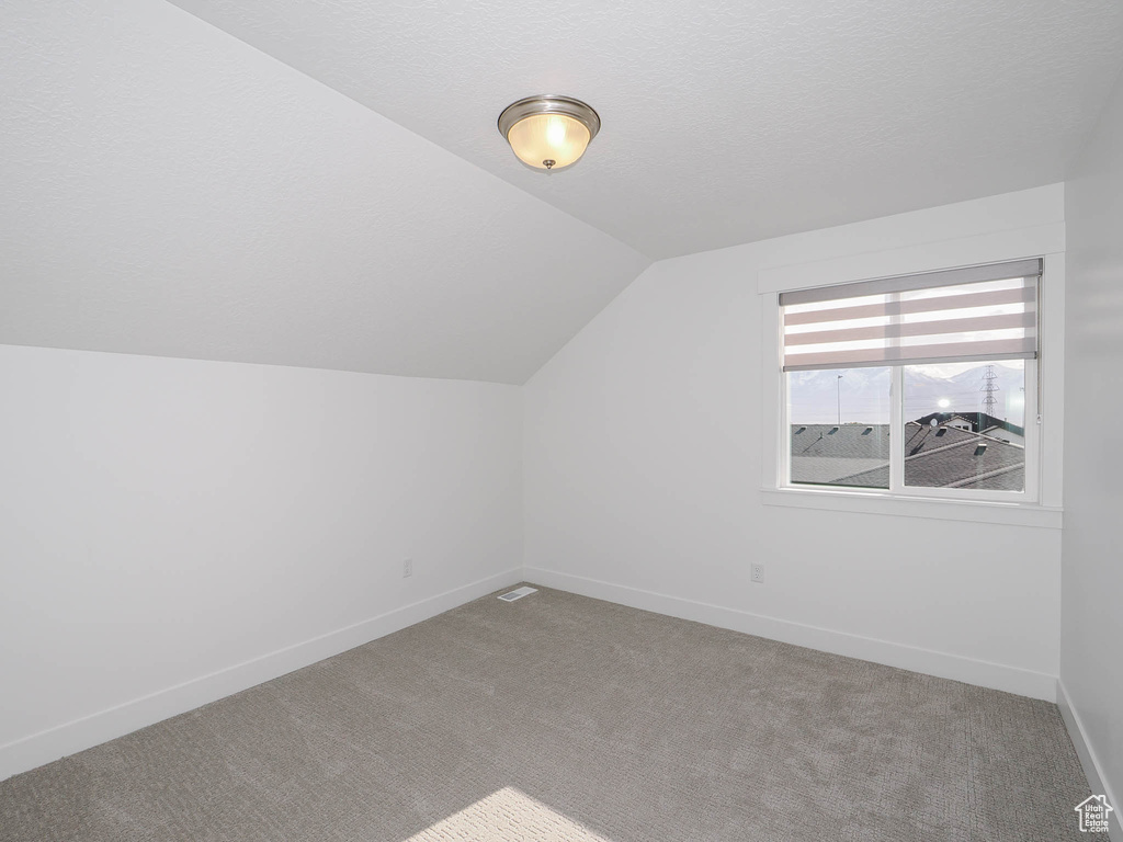 Additional living space with light carpet, a textured ceiling, and vaulted ceiling