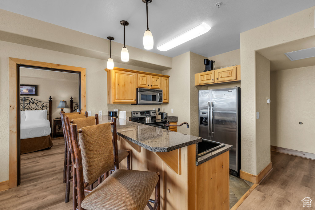Kitchen with appliances with stainless steel finishes, wood-type flooring, pendant lighting, and dark stone counters