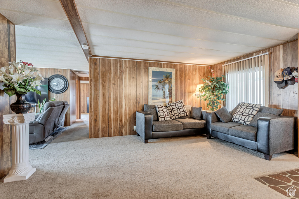 Carpeted living room with wooden walls, a textured ceiling, and beam ceiling
