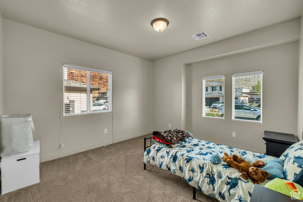Carpeted bedroom featuring multiple windows