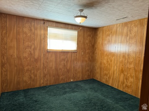 Unfurnished room featuring wooden walls and carpet flooring