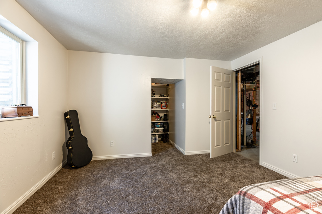 Unfurnished bedroom with dark carpet, a closet, multiple windows, and a walk in closet