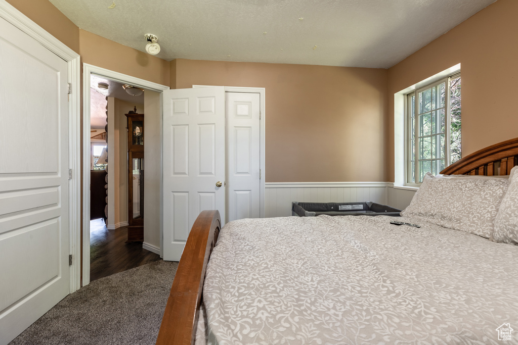 Bedroom featuring dark hardwood / wood-style floors and a closet