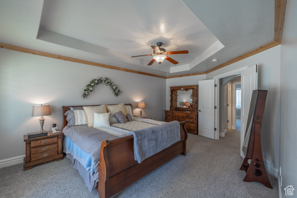 Bedroom featuring ceiling fan, light colored carpet, and a raised ceiling