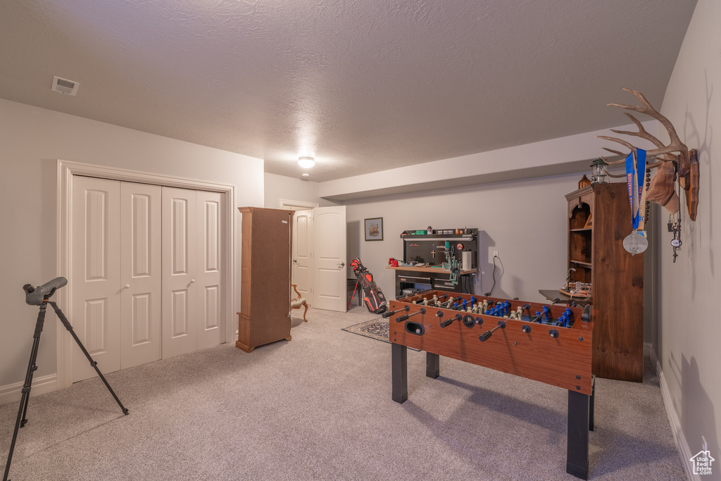 Rec room with light colored carpet