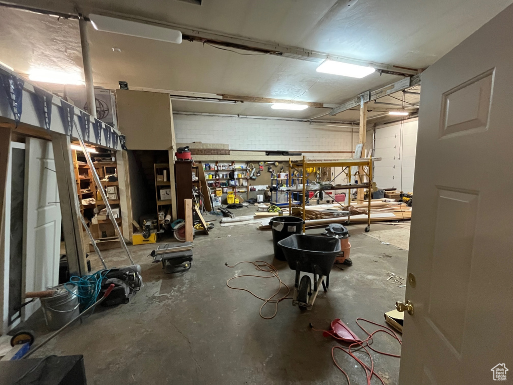 Garage featuring a workshop area