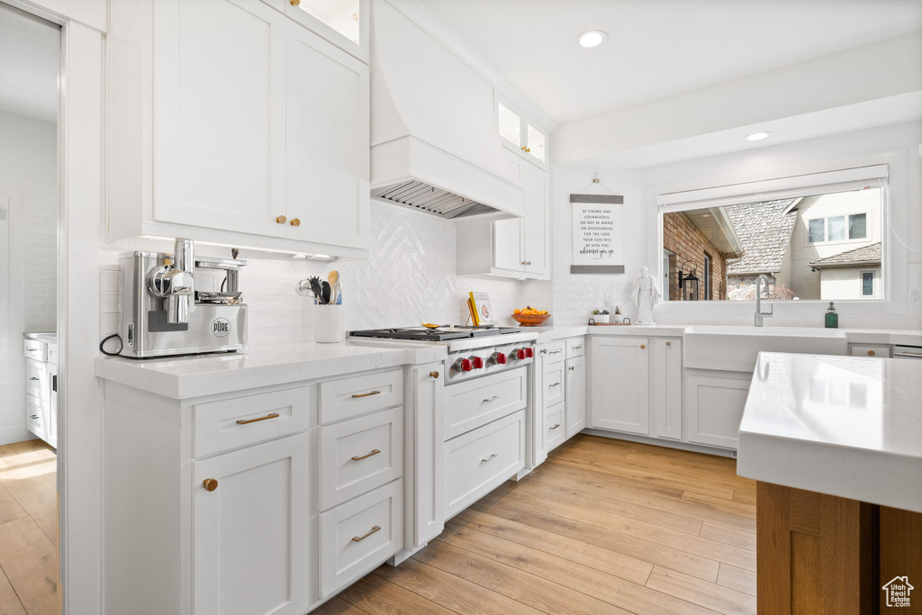 Kitchen with white cabinetry, custom exhaust hood, tasteful backsplash, and light hardwood / wood-style flooring