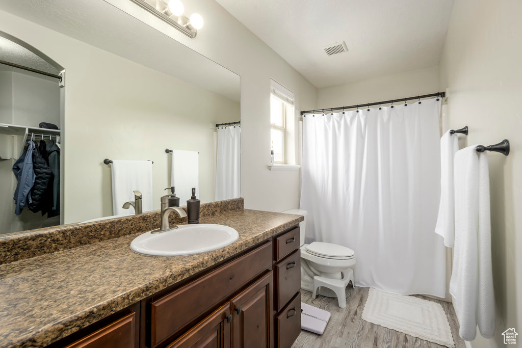 Bathroom featuring hardwood / wood-style floors, toilet, and vanity with extensive cabinet space