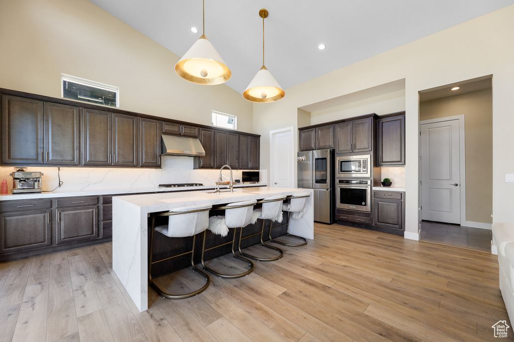 Kitchen featuring appliances with stainless steel finishes, light hardwood / wood-style floors, a center island with sink, pendant lighting, and backsplash