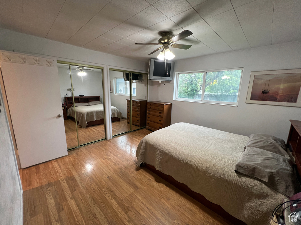 Bedroom featuring multiple closets, ceiling fan, and light wood-type flooring