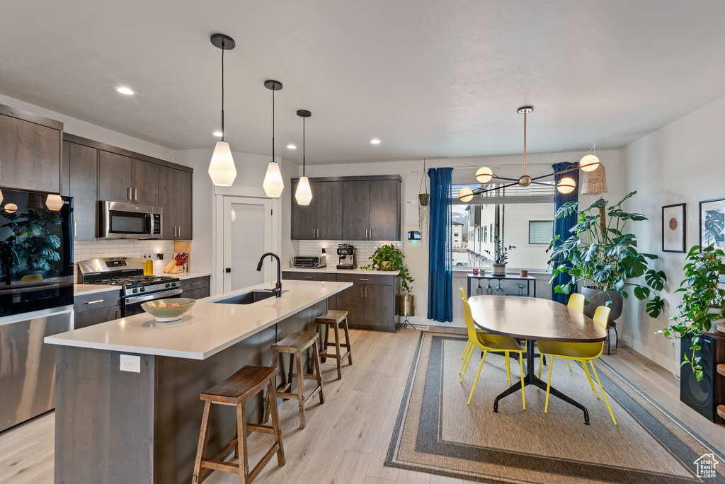 Kitchen featuring tasteful backsplash, stainless steel appliances, and a kitchen island with sink
