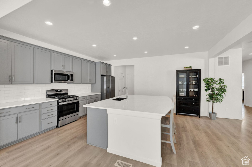 Kitchen with sink, light hardwood / wood-style floors, stainless steel appliances, a center island with sink, and tasteful backsplash